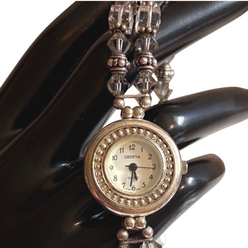 Geneva Quartz Women Silver Tone Beaded Bracelet Crystal Fit 8" wrist NEW Battery